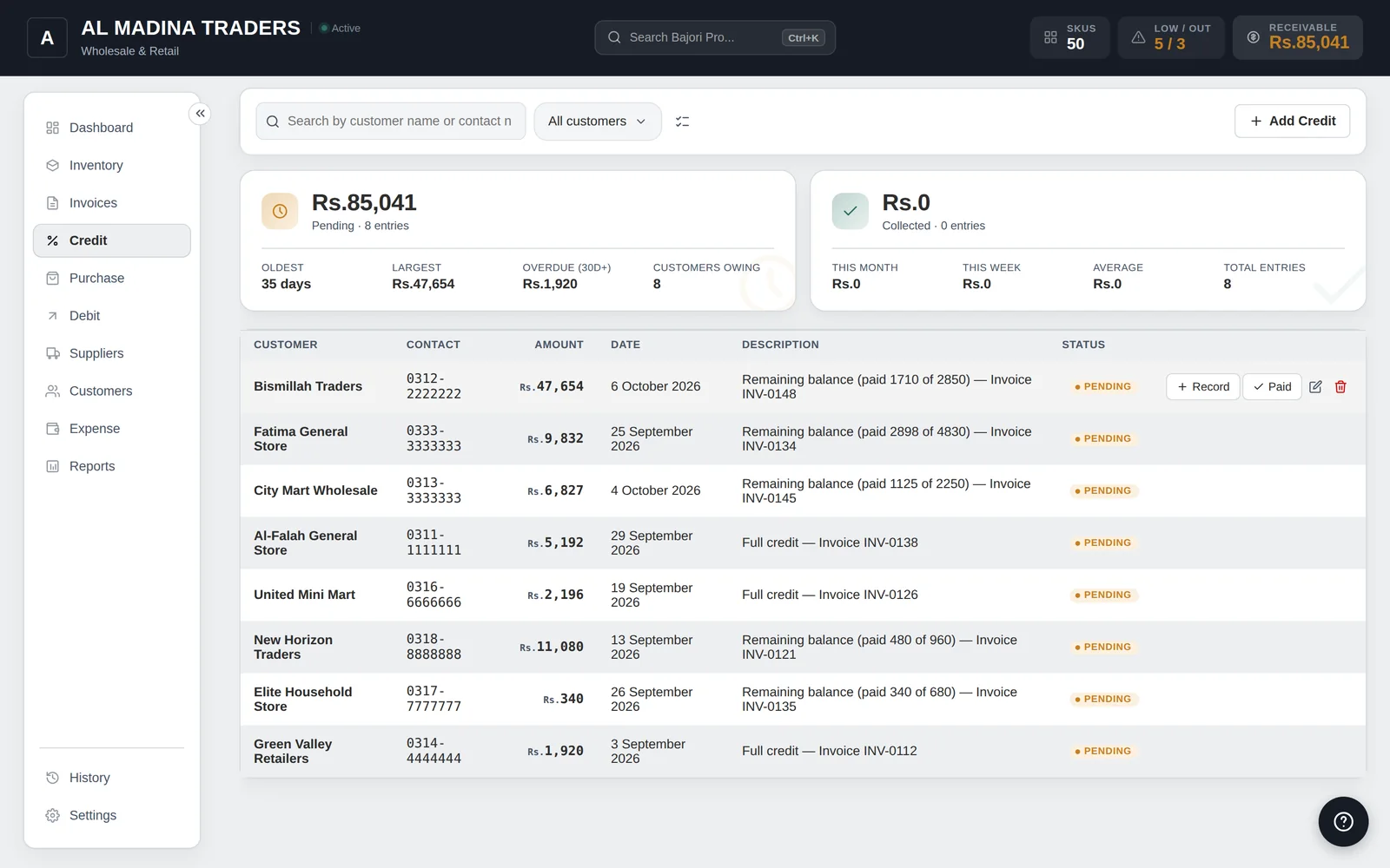 The Credit page listing pending balances with customer, amount, date and status