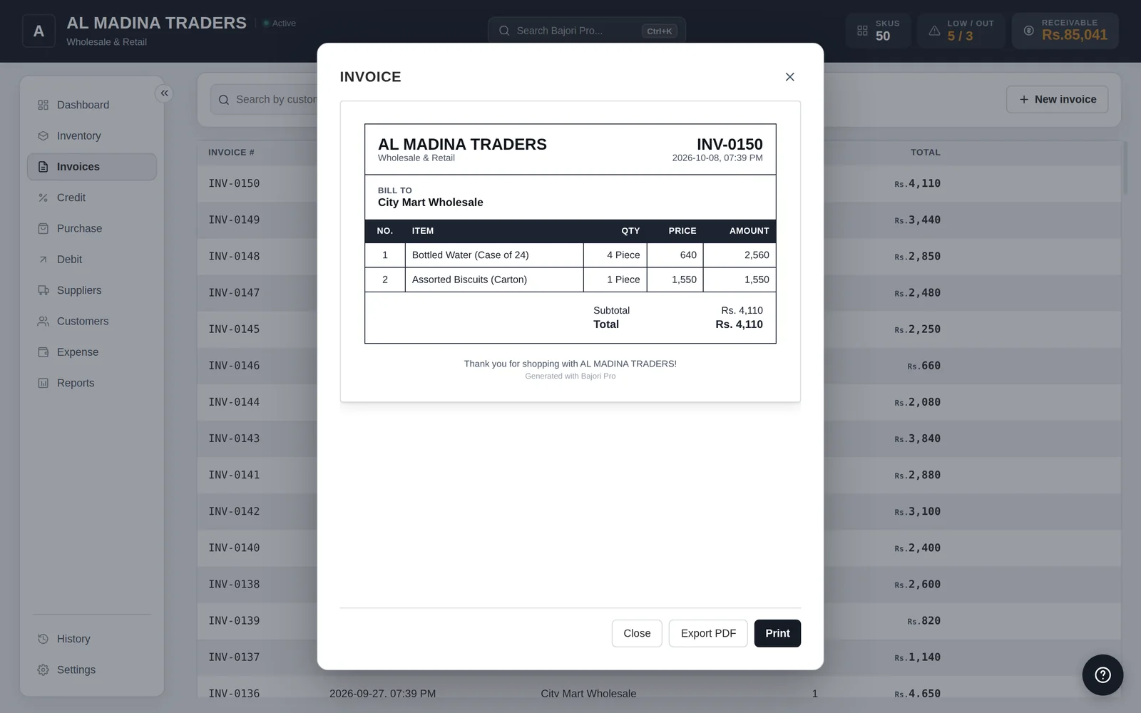An invoice in the Folio template with the business name, customer, line items and total