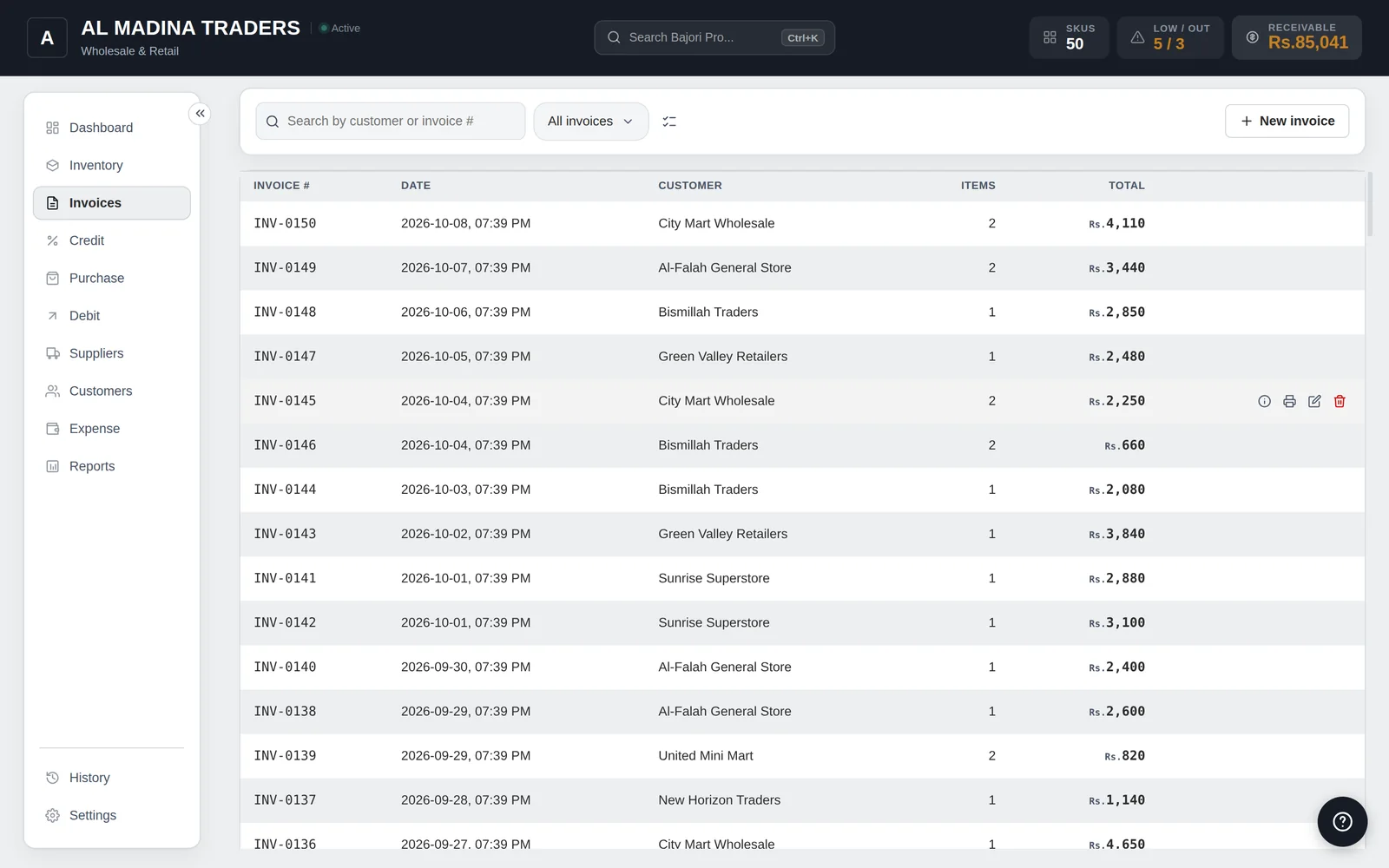 The Invoices page listing invoices with number, date, customer, items and total