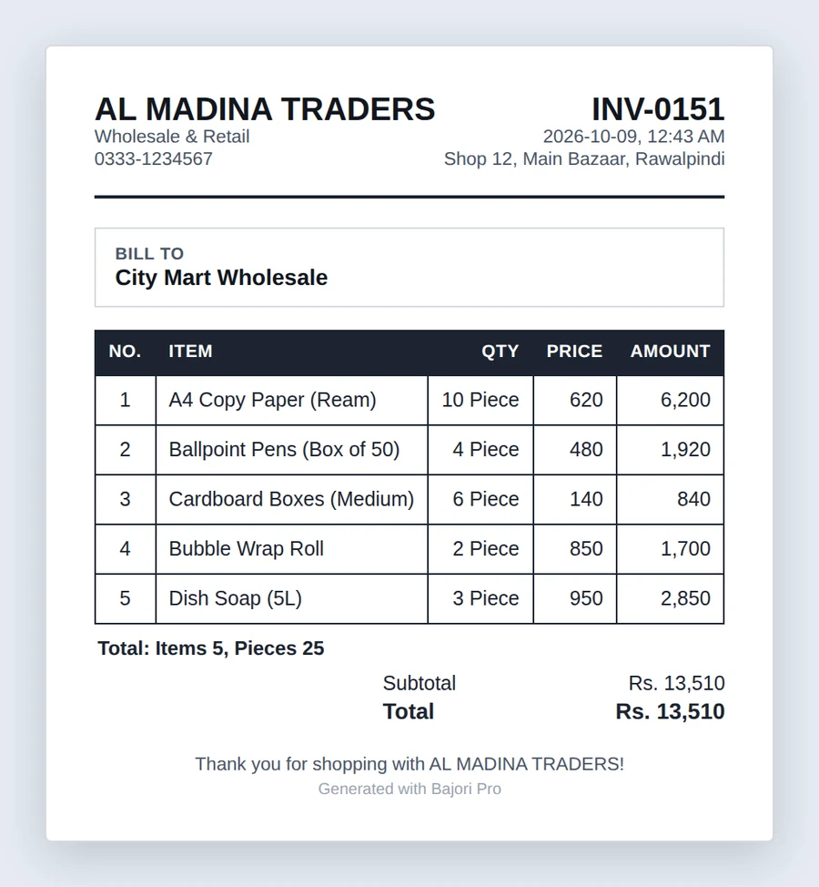 Merchant invoice template: full grid lines, wide header row